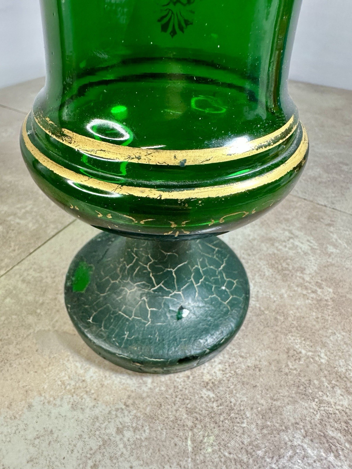 Antique 19th C Moser Green Glass Bird & Flowers Gold Gilt Vase Applied Porcelain