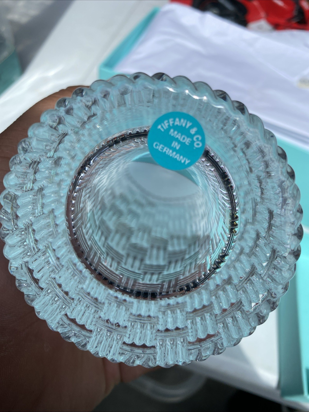 TIFFANY & CO Woven Basketweave 12” Cylinder Crystal Glass Vase w Box + Label
