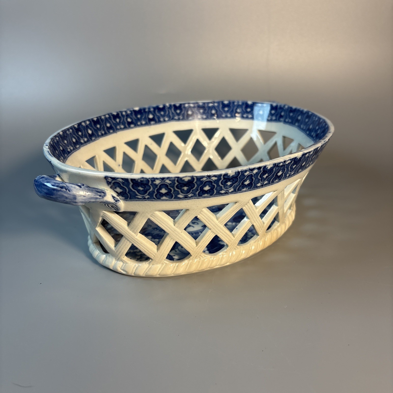 19th Cen Staffordshire Dark Blue Transfer Pearl Glaze Reticulated Basket & Tray