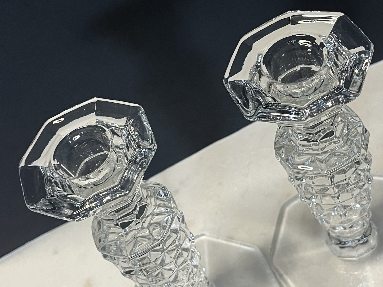 Vtg Fostoria American Cube Cubist Depression Glass 6.25″ Candlestick Holder Pair