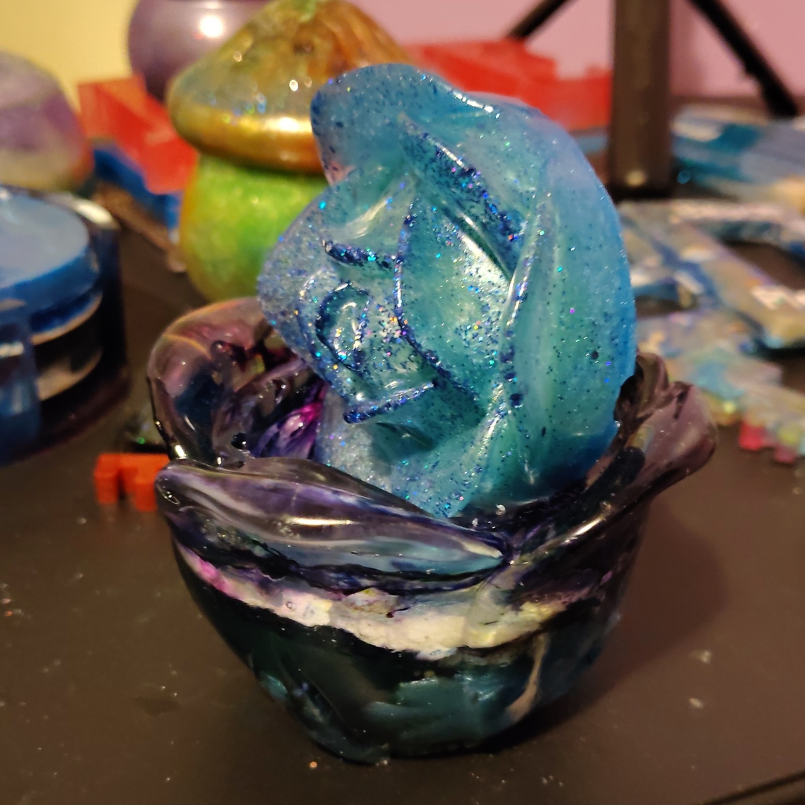 epoxy jar/Candle Holder Blue Purple White Flower Petals Handmade Glossy