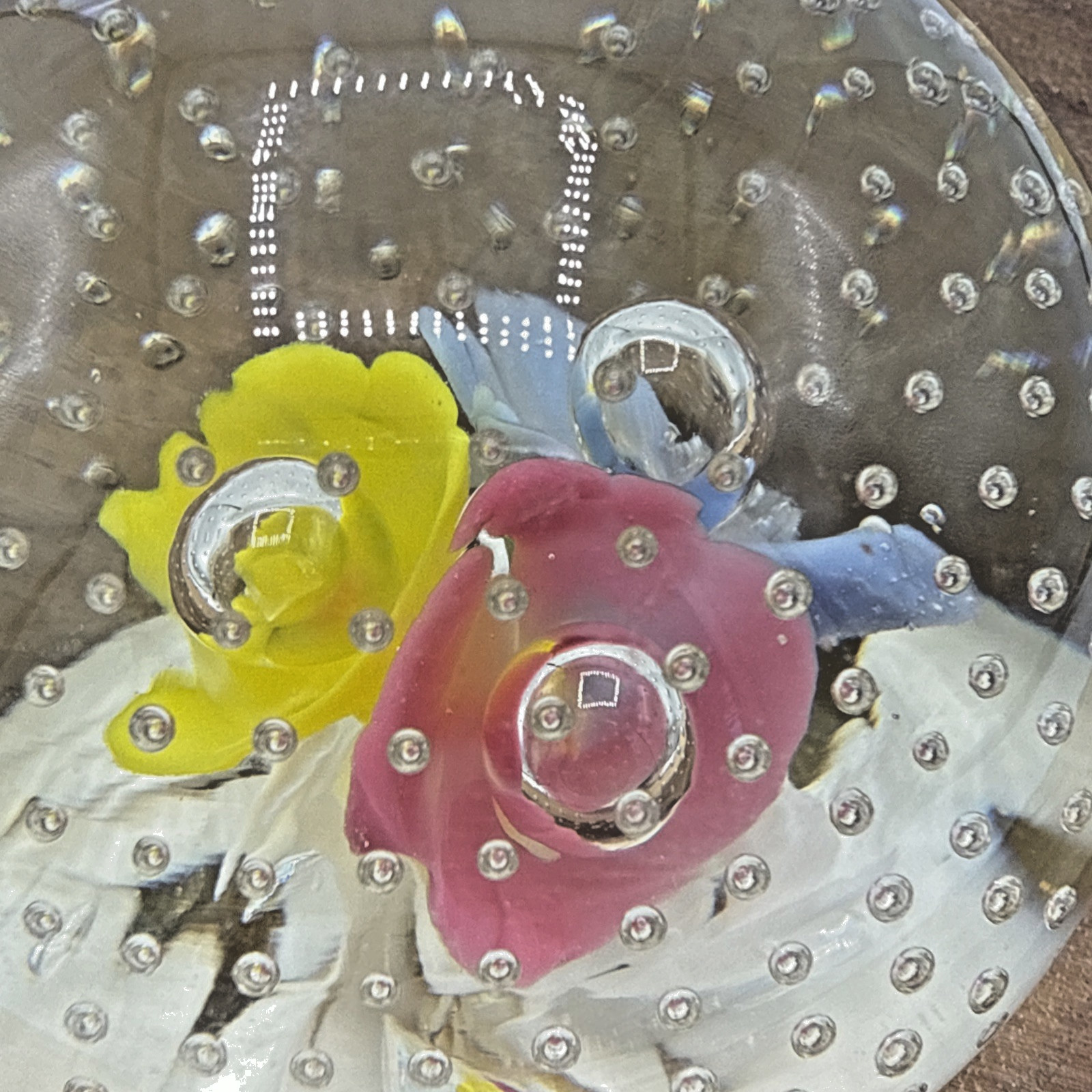 Vintage St Clair Trumpet Flowers Pink Blue Yellow Controlled Bubbles Paperweight