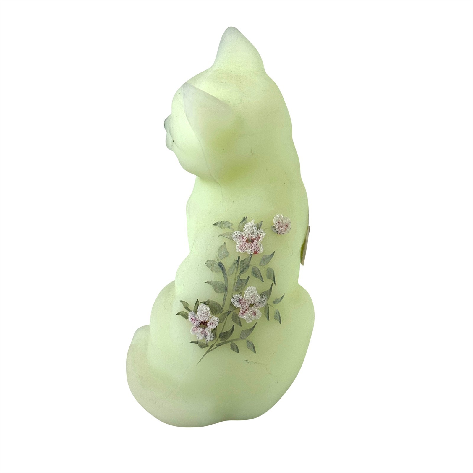 Fenton Sitting Cat Kitten Satin Custard Glass Uranium Hand Painted Vintage 1970s