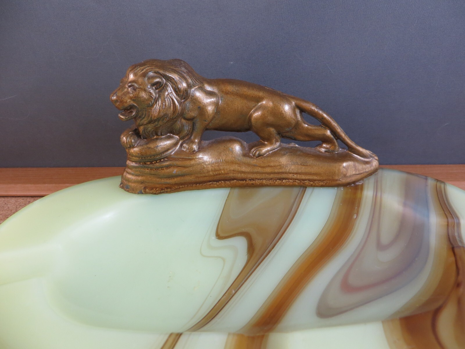 Antique Art Deco Gold Enamel Metal Lion Figurine Swirl Stripe Slag Glass Ashtray