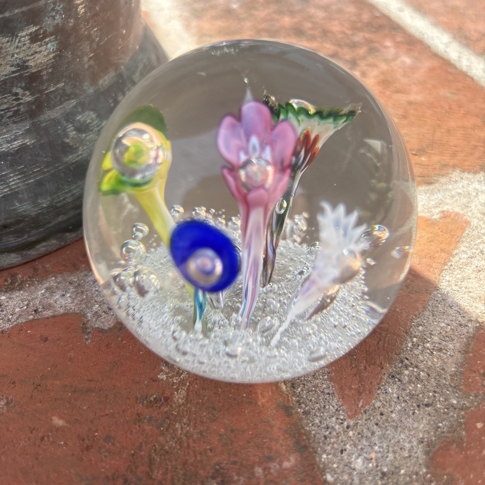 Vintage Art Glass Paperweight 5 Multi Color Trumpet Flowers