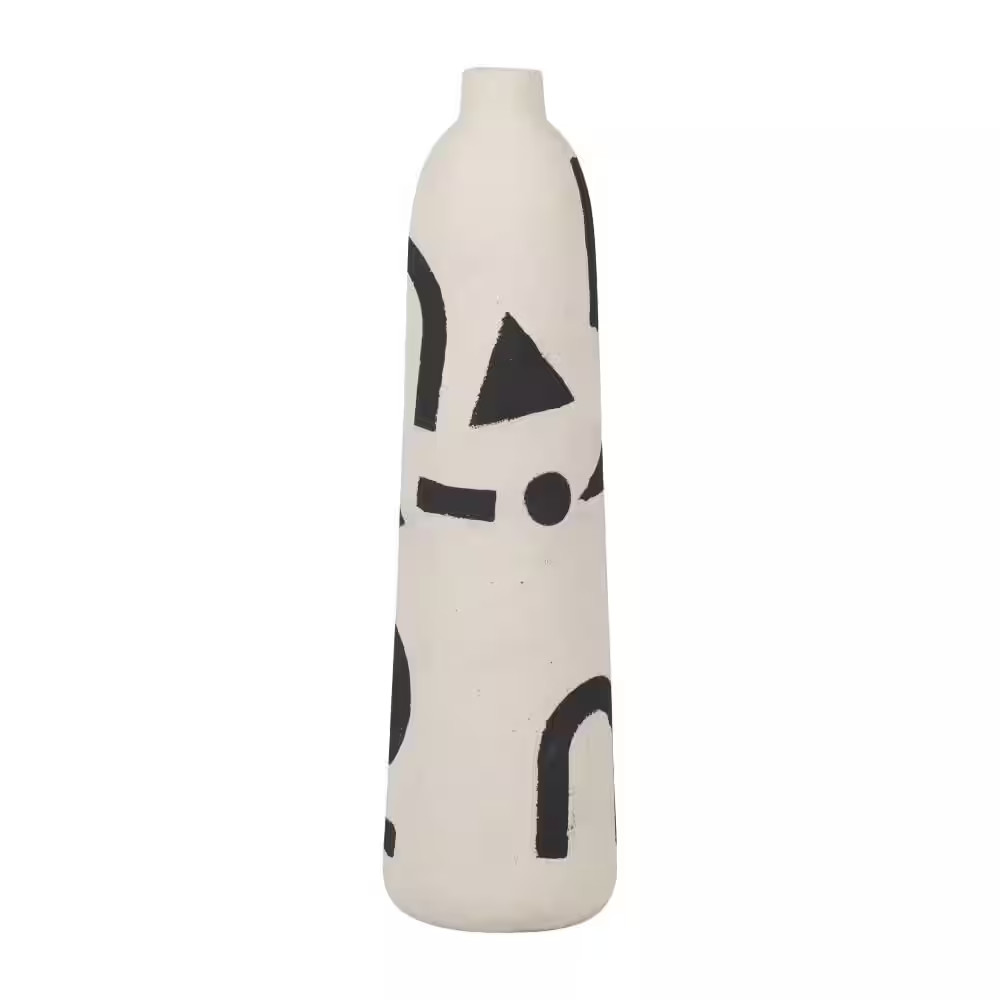 15 In. Ivory Stoneware and Suar Wood round Abstract Funky Decorative Vase