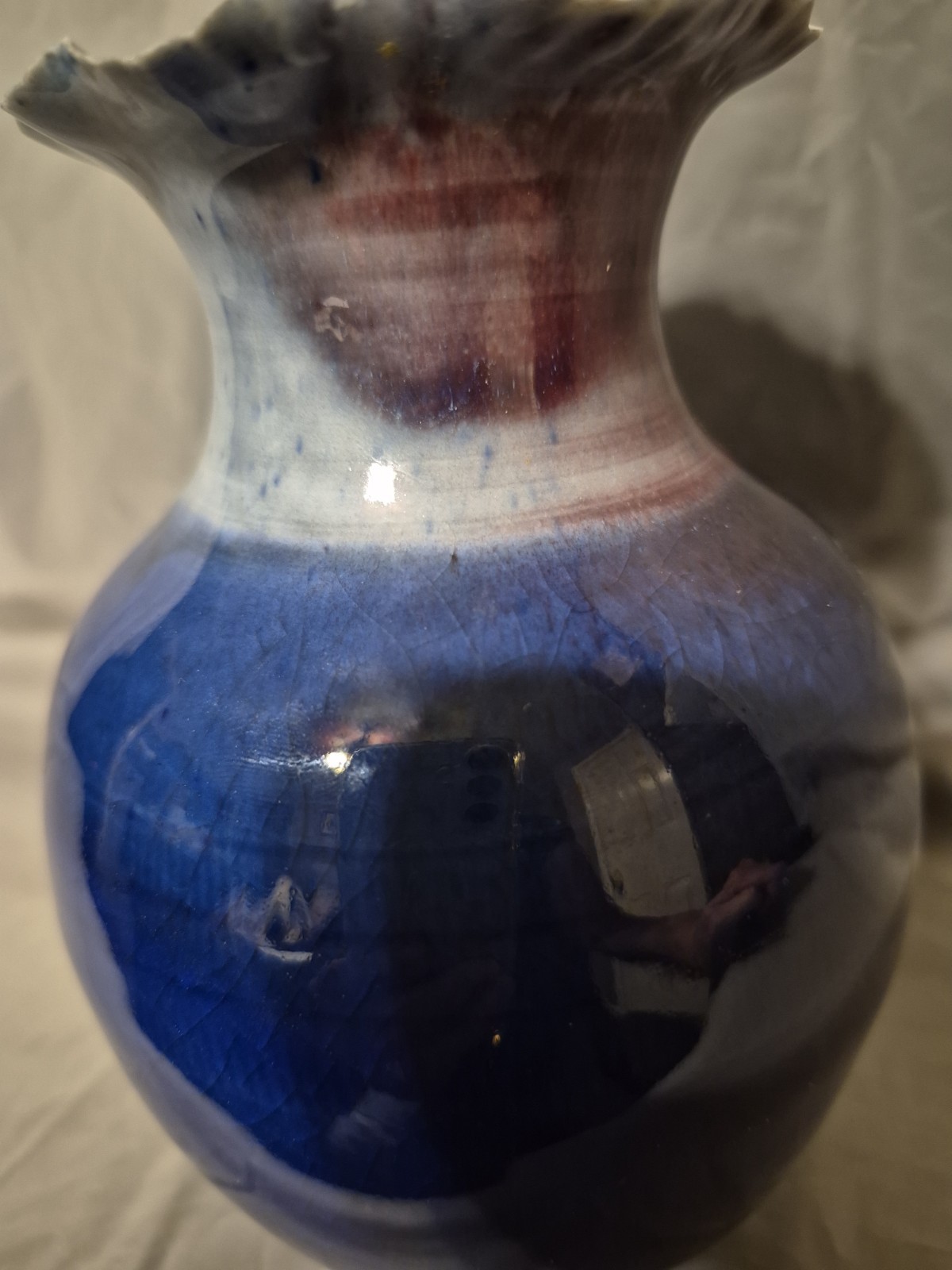 Vintage Contemporary Studio Art Pottery Drip Glaze Ruffled Mouth Rim Signed