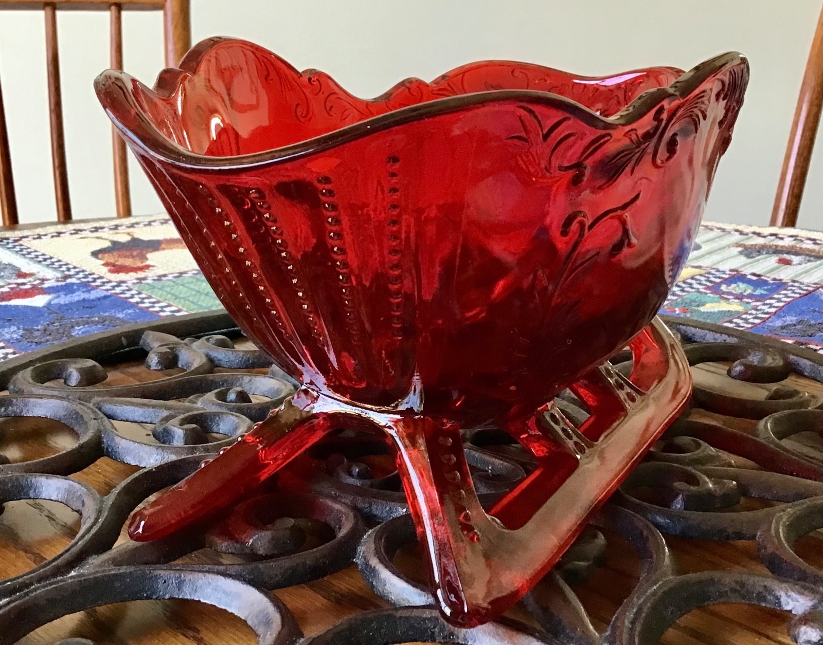 MOSER RUBY RED VINTAGE GLASS SLEIGH, 9.5″ LONG