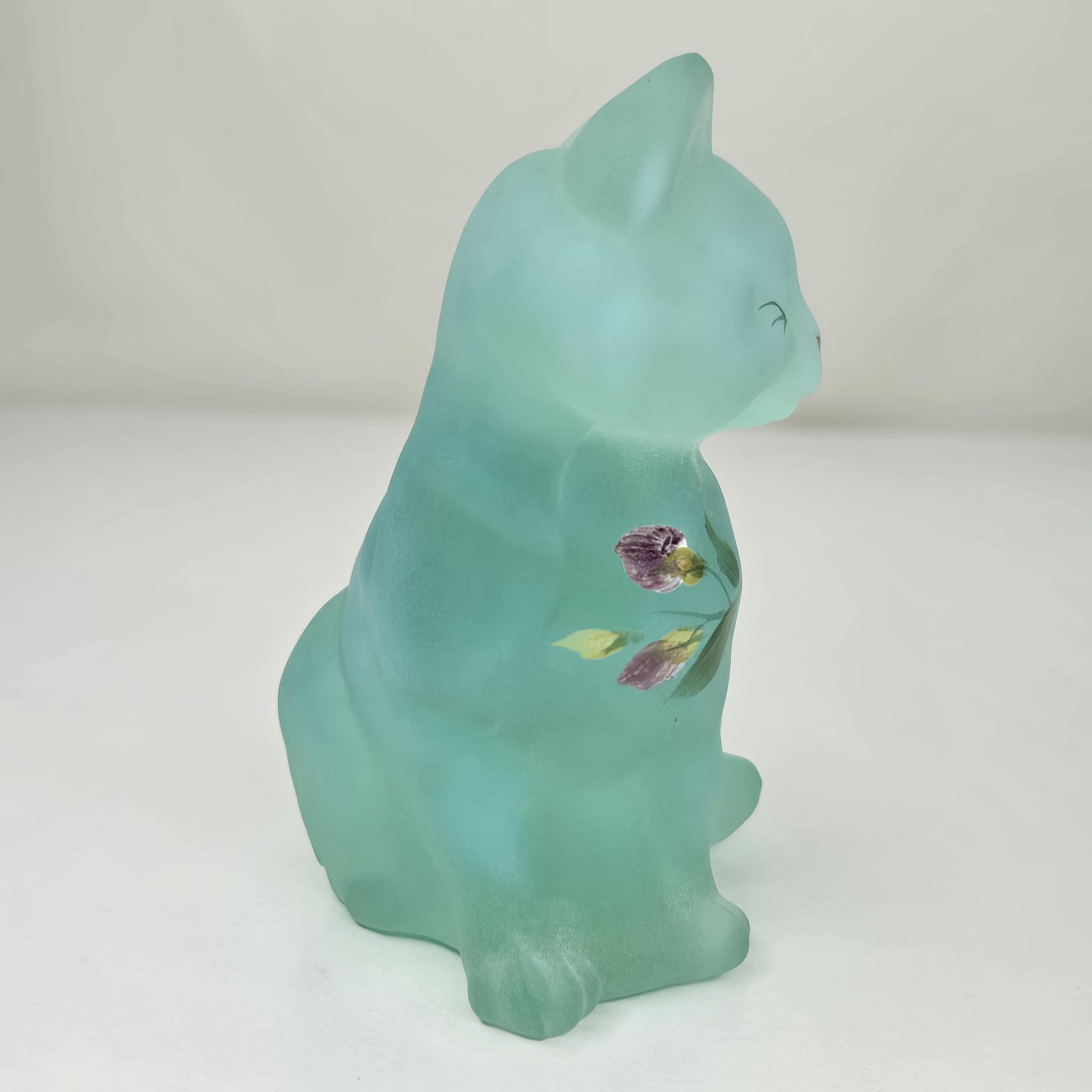 Vtg Fenton Heirloom Green Opaline Satin Opalescent Cat signed Handpainted Rare