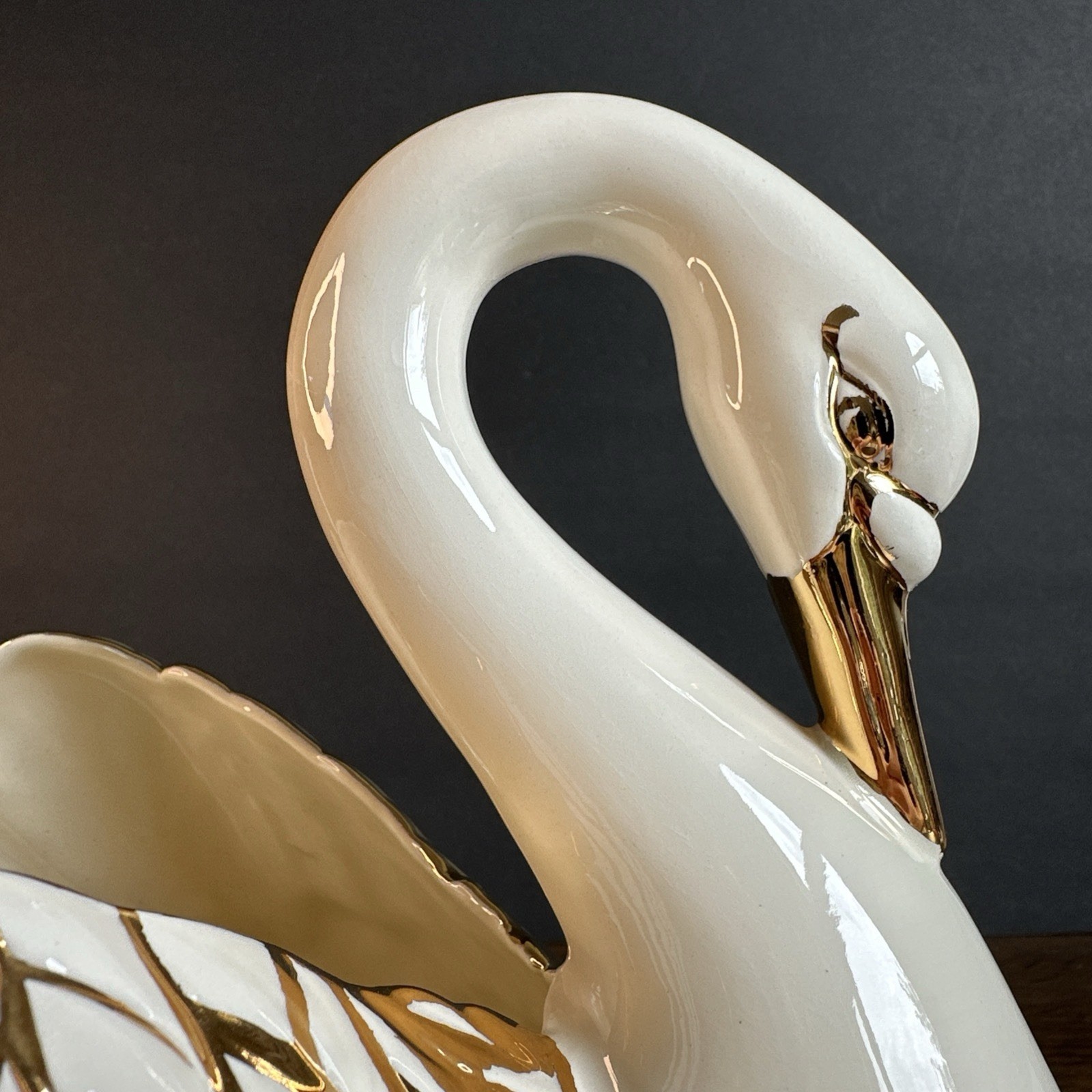 Holland Mold Swan Planter 1978 Cream & Gold Porcelain Pearl Metallic Vase Bowl