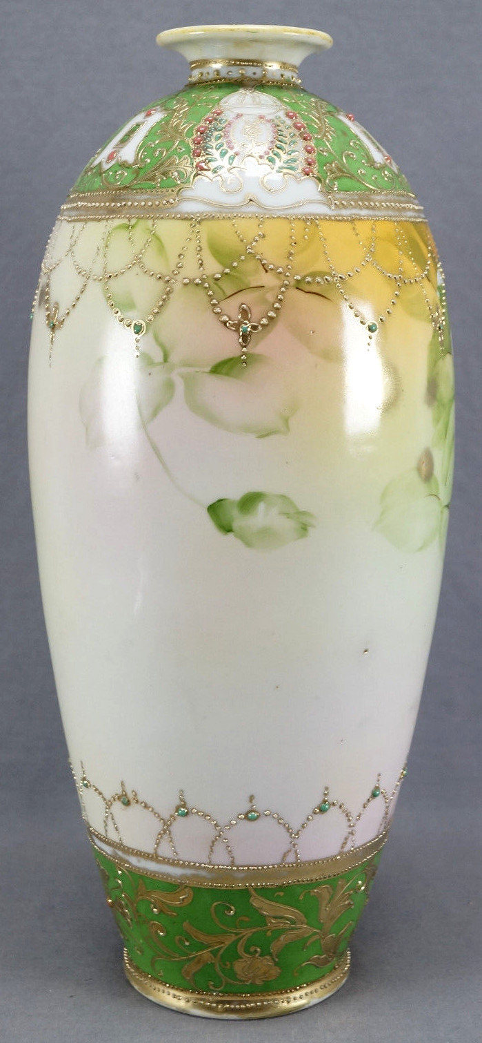 Nippon Hand Painted Pink & Yellow Rose Jeweled & Beaded 14 Inch Tall Vase