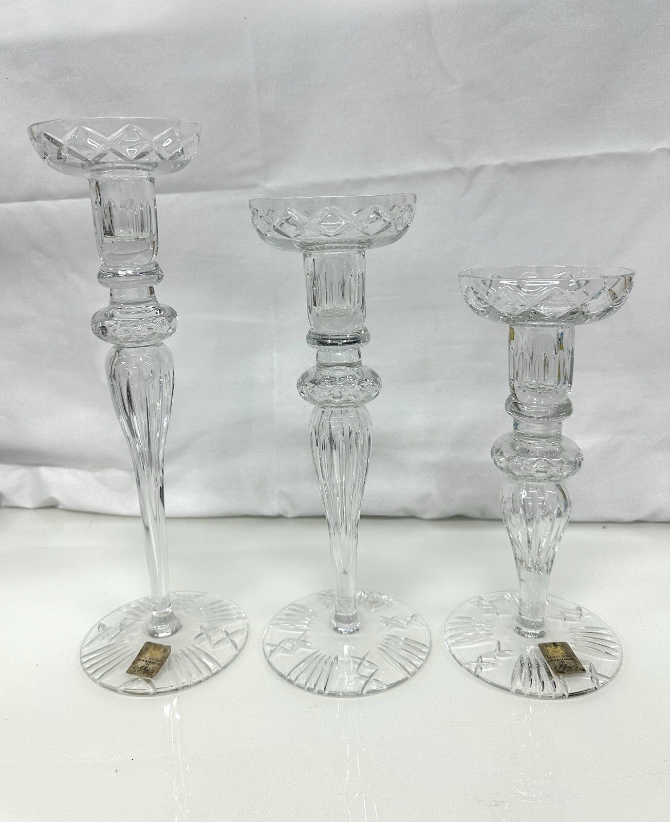 Design Guild Cut Crystal 12″ Candlestick Holders Etched Made In Hungary Set of 3