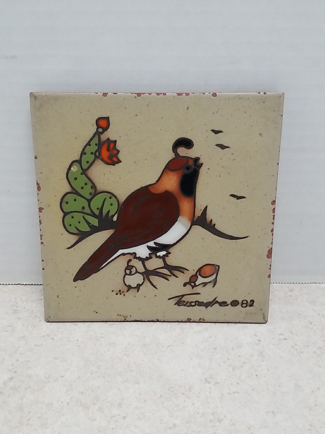 Cleo Teissedre Ceramic Tile Trivet Mother Quail & Chicks Cactus Southwest Art