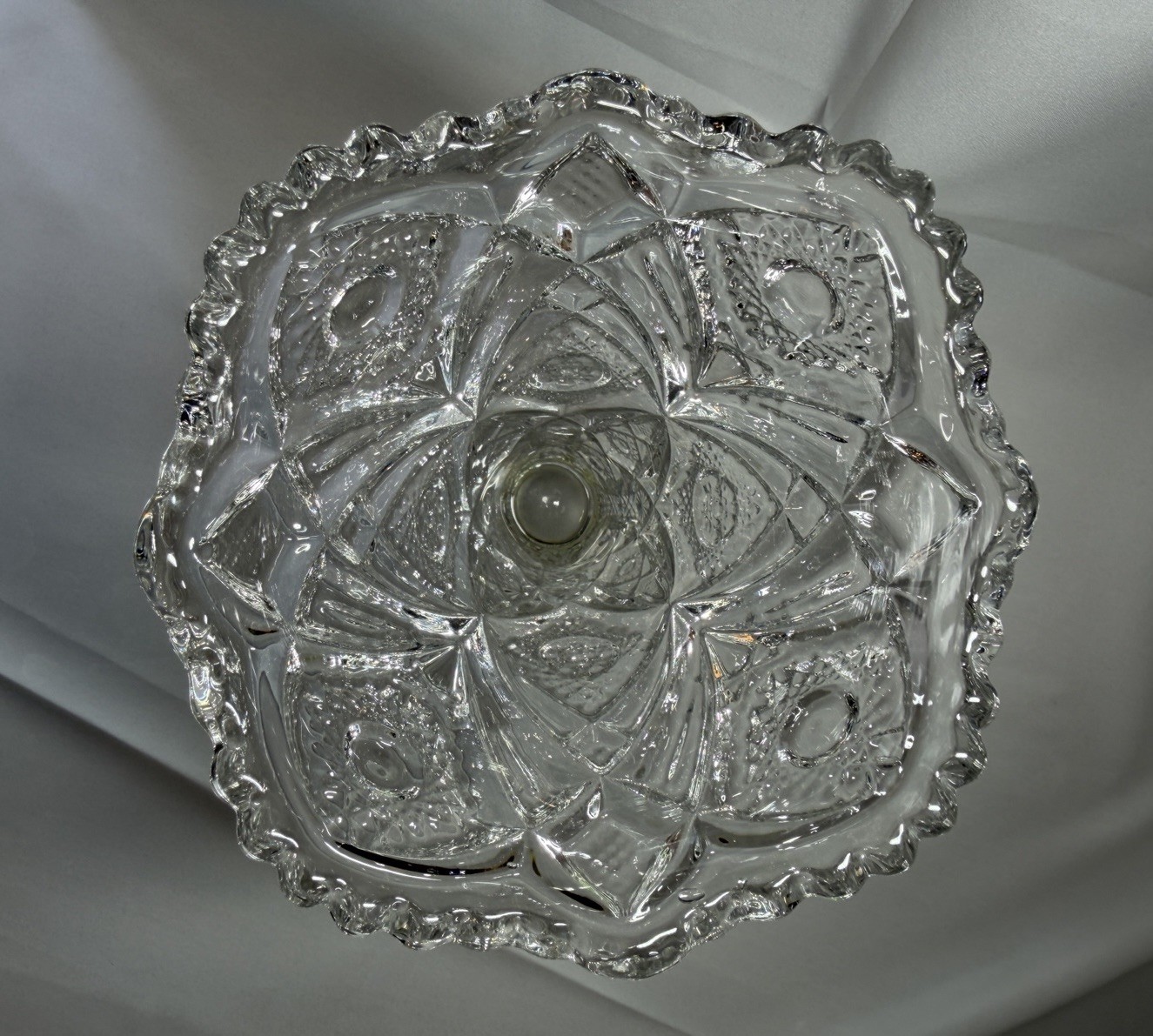 Imperial Glass Co. Clear Pressed Glass Trumpet Vase W/ Star Pattern Sawtooth Rim