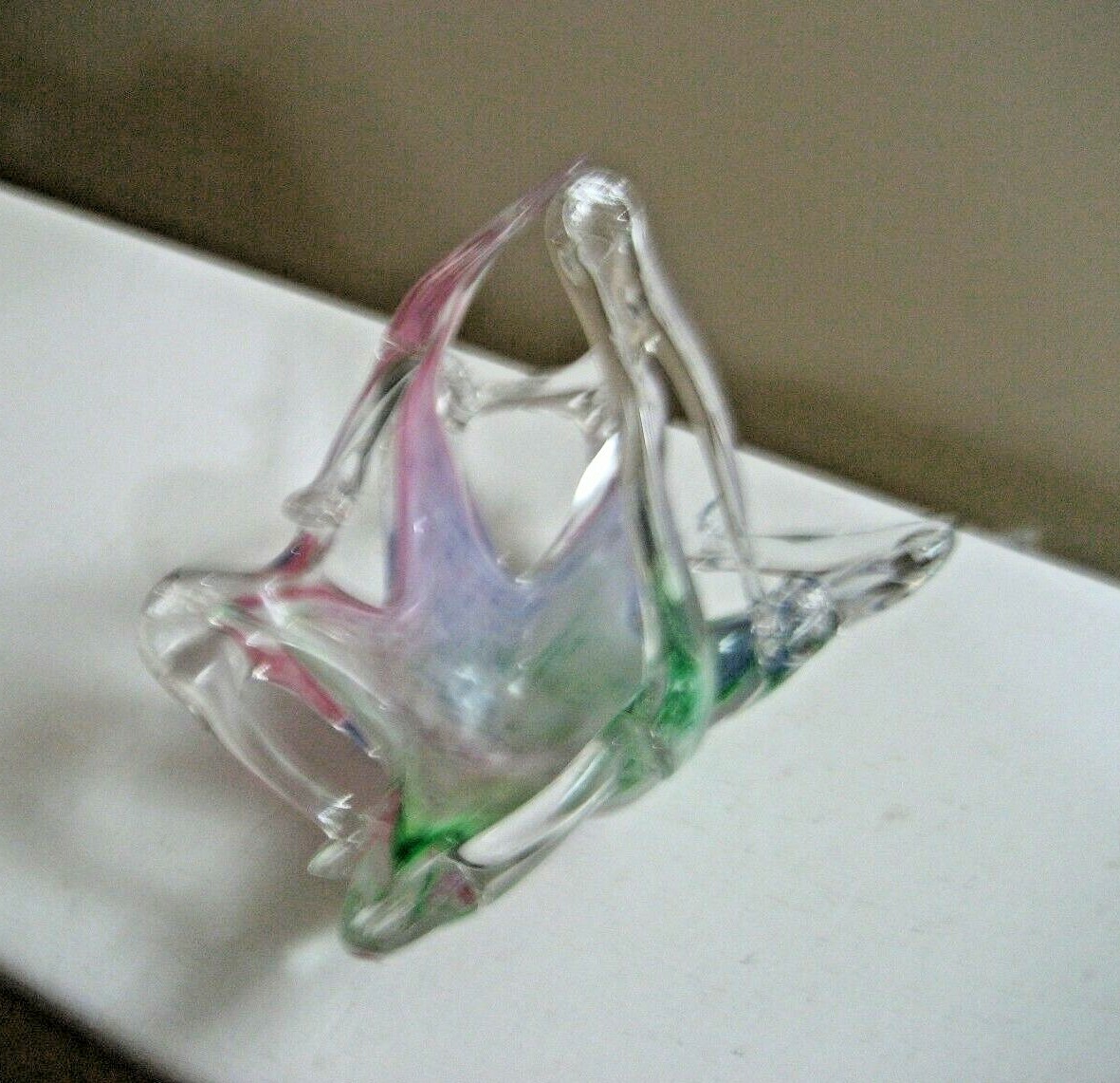 SMALL MURANO GLASS (ITALY) MULTI-COLORED BASKET 5 1/4 INCHES LONG; 5 INCHES HIGH