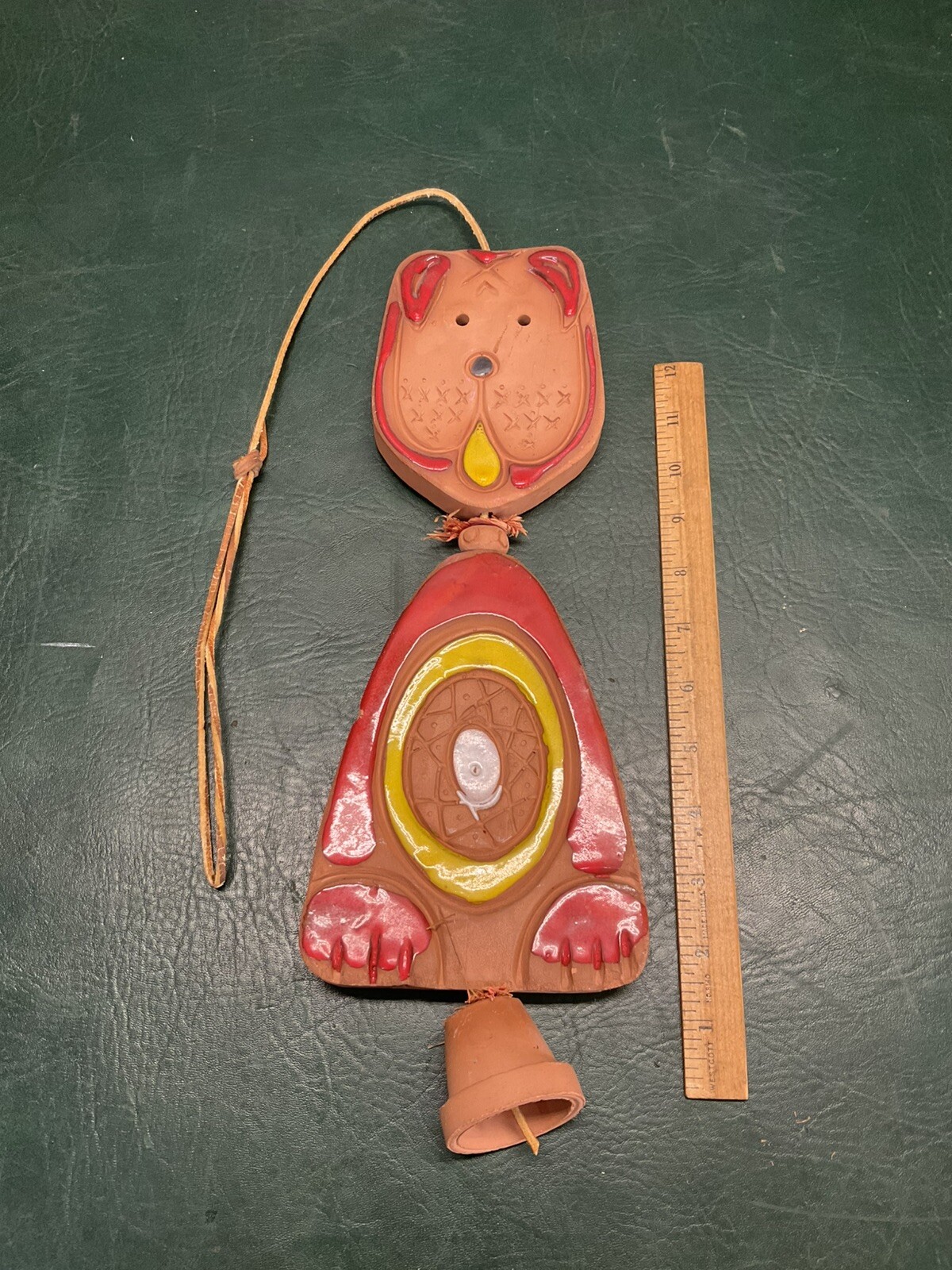 MCM Vintage Stoneware Dog Bear Bell Wind Chime Hanging Terracotta Clay