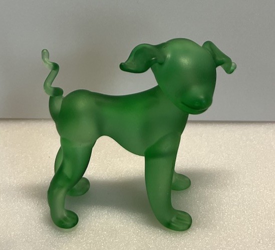 Vintage Frosted Green Satin Art Glass Puppy Dog Figurine Curly Tail Floppy Ears