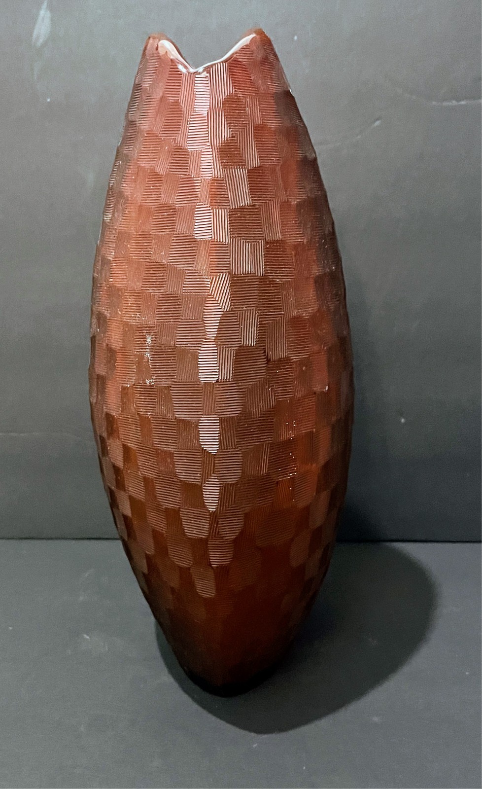 Contemporary Amber Art Glass Textured Basketweave Checkerboard 11″ Vase India