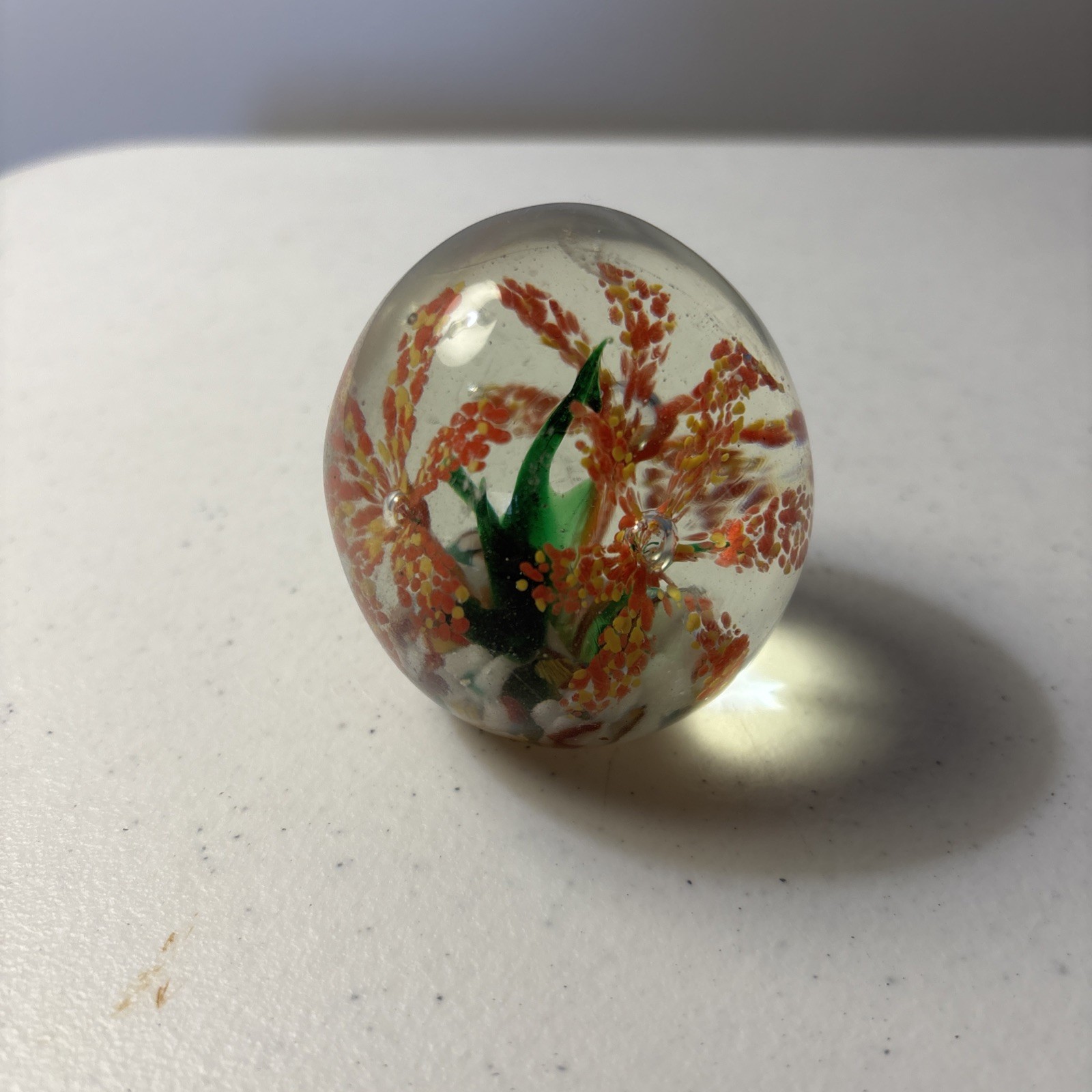Vintage Hand Blown Round Art Glass Paperweight Colorful Flowers 2.75 dia. B6088