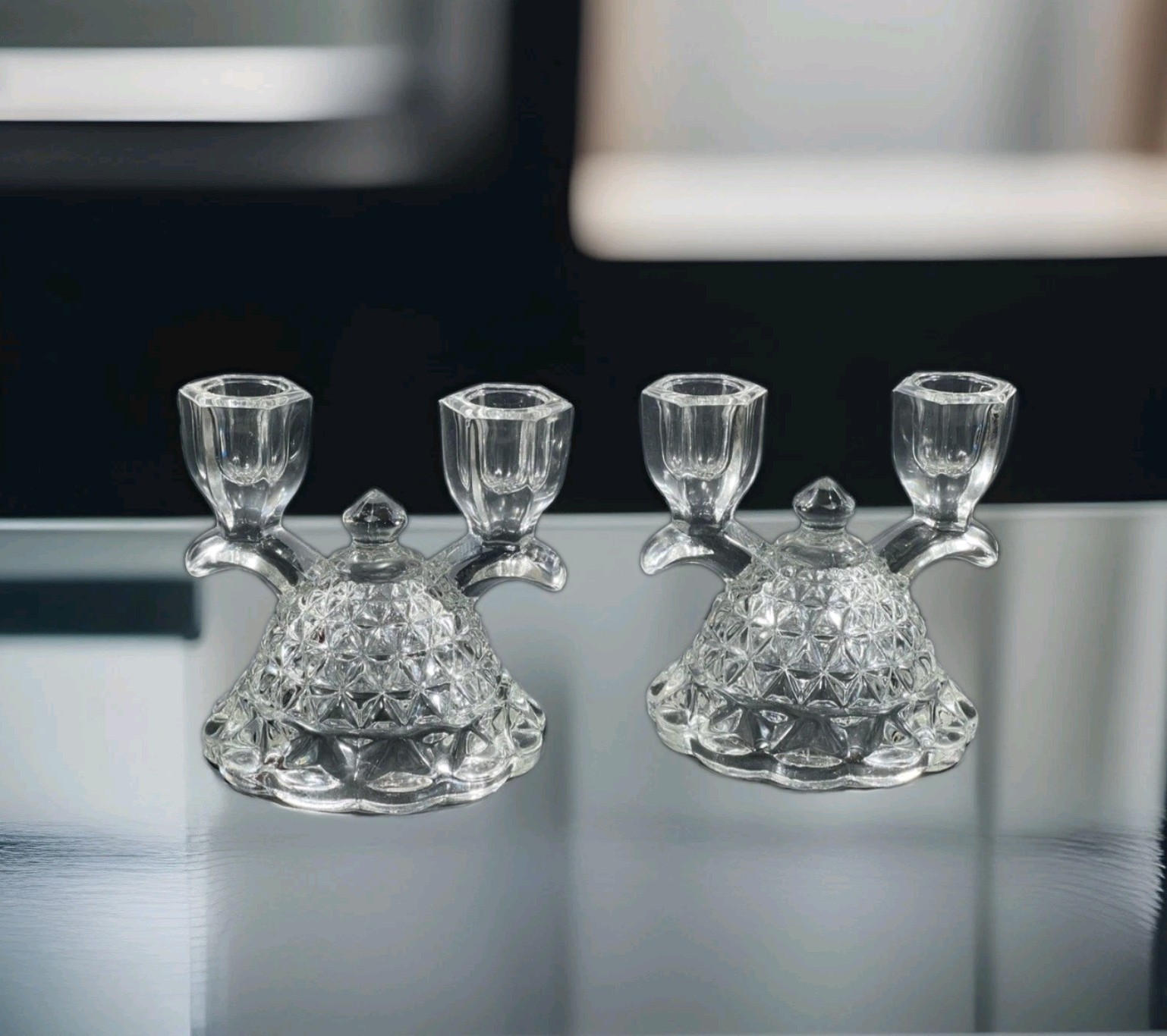 Laced Edge Clear by Imperial Glass Ohio Double Light Candle Stick Set of 2