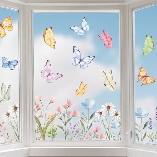 50 PCS Spring Summer Window Cling Sticker, Watercolor Wild Flowers Butterfly