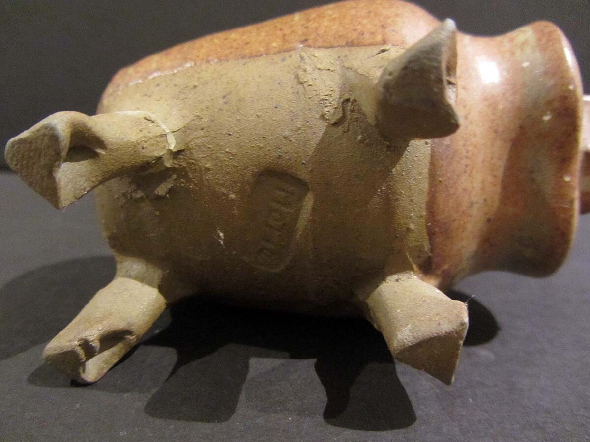Small SOUTHWESTERN WILD BOAR Figural Ashtray Signed MARIE or MARIA Damaged Horns