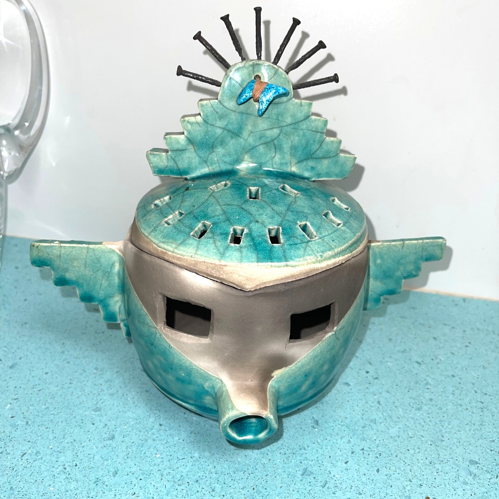 Barbara Heard Ceramic Lantern Bird Head Signed Pottery Blue Gray Handmade Candle