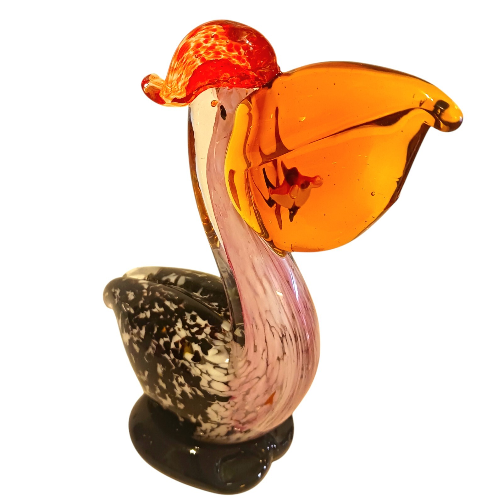 Vtg Art Glass Figurine Sculpture Statue Pelican Bird w Fish 7″ Tall Multicolored