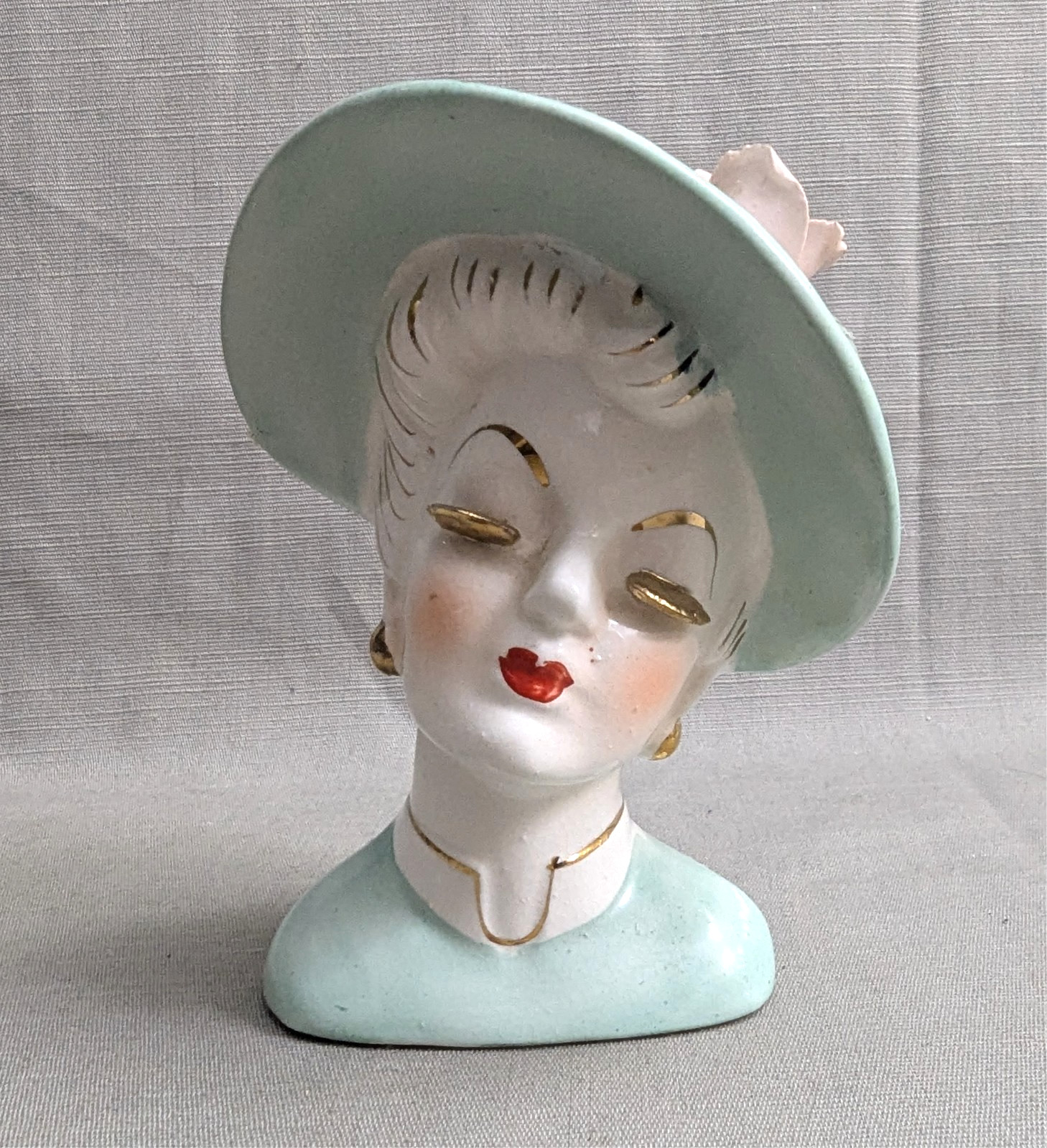 RARE Vtg Glamor Ladies Elegant HEAD VASE/PLANTER Light Cyan Dress & Hat – Gold