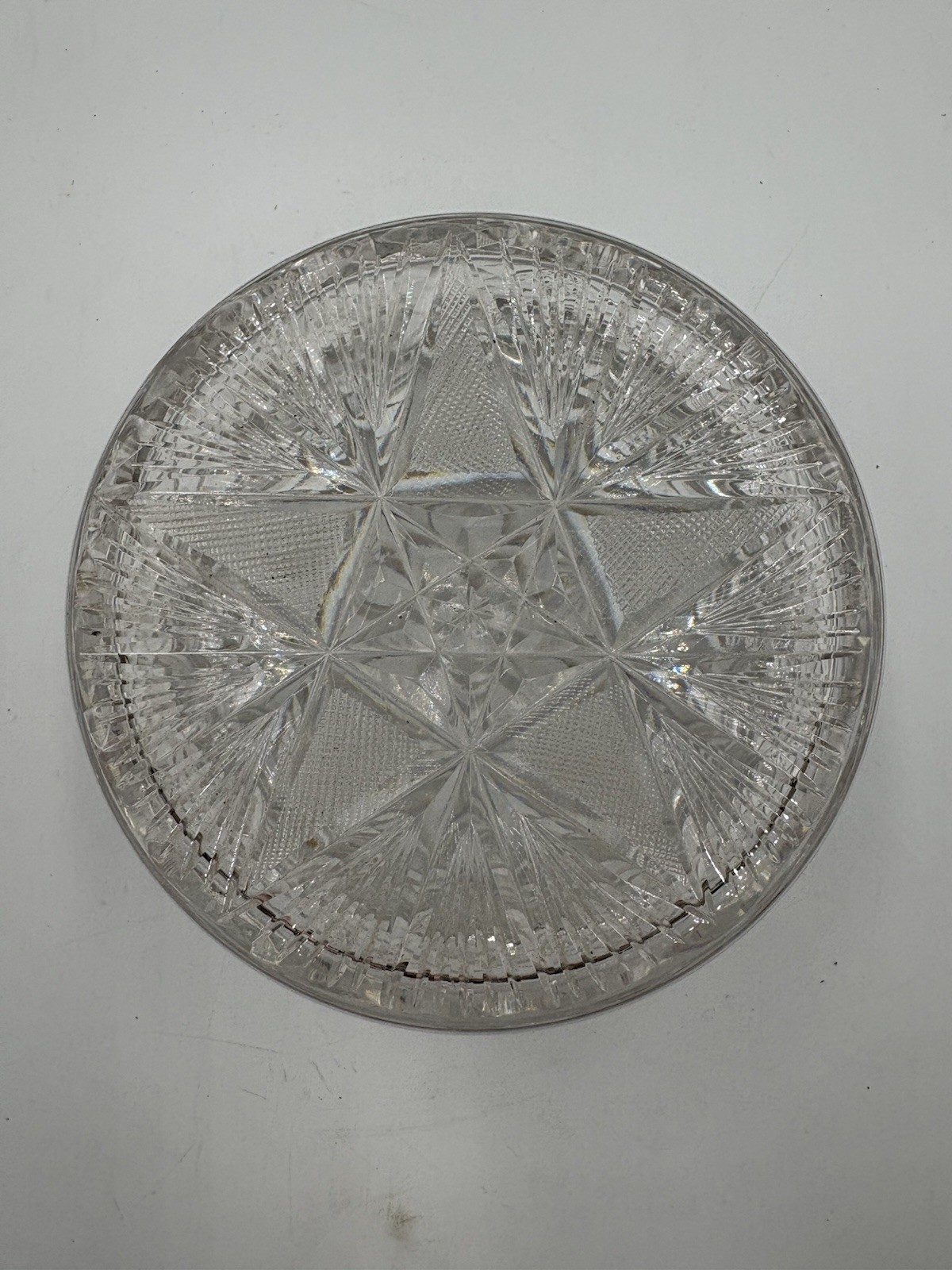 Clear Cut Glass Round Lidded Decorative Trinket Box Geometric Pattern 3 1/4 inch