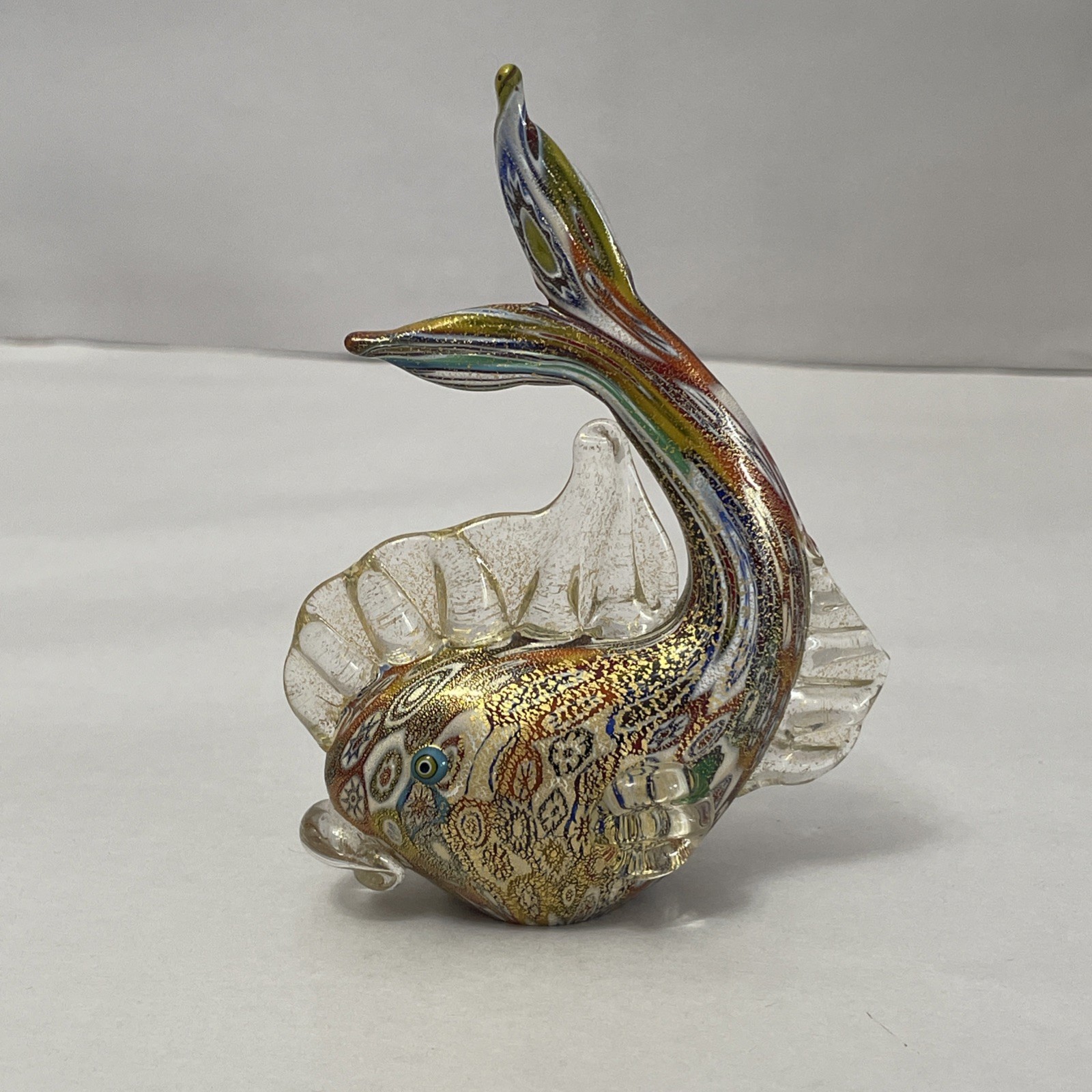 Vintage Murano Millefiori Art Glass Fish Figurine Gold 4.5” Tall /Broken