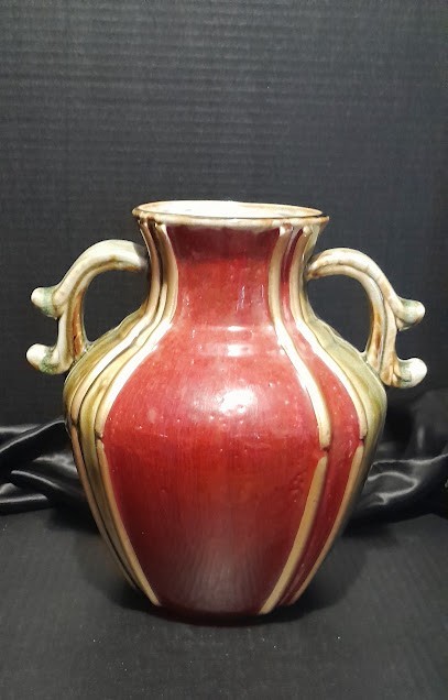 Andrea by Sadek Red Green Gold Ceramic Large Double Handle Vase 10.5″
