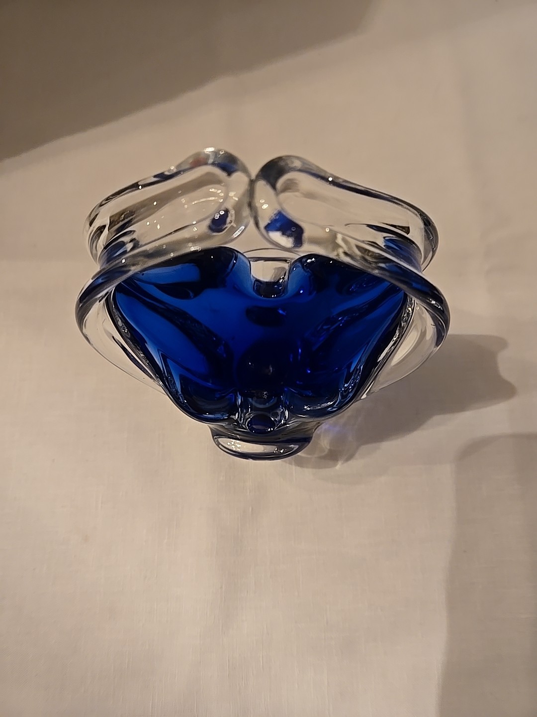 Vintage Cobalt Blue Encased In Clear Glass Basket 7 1/2 In Tall