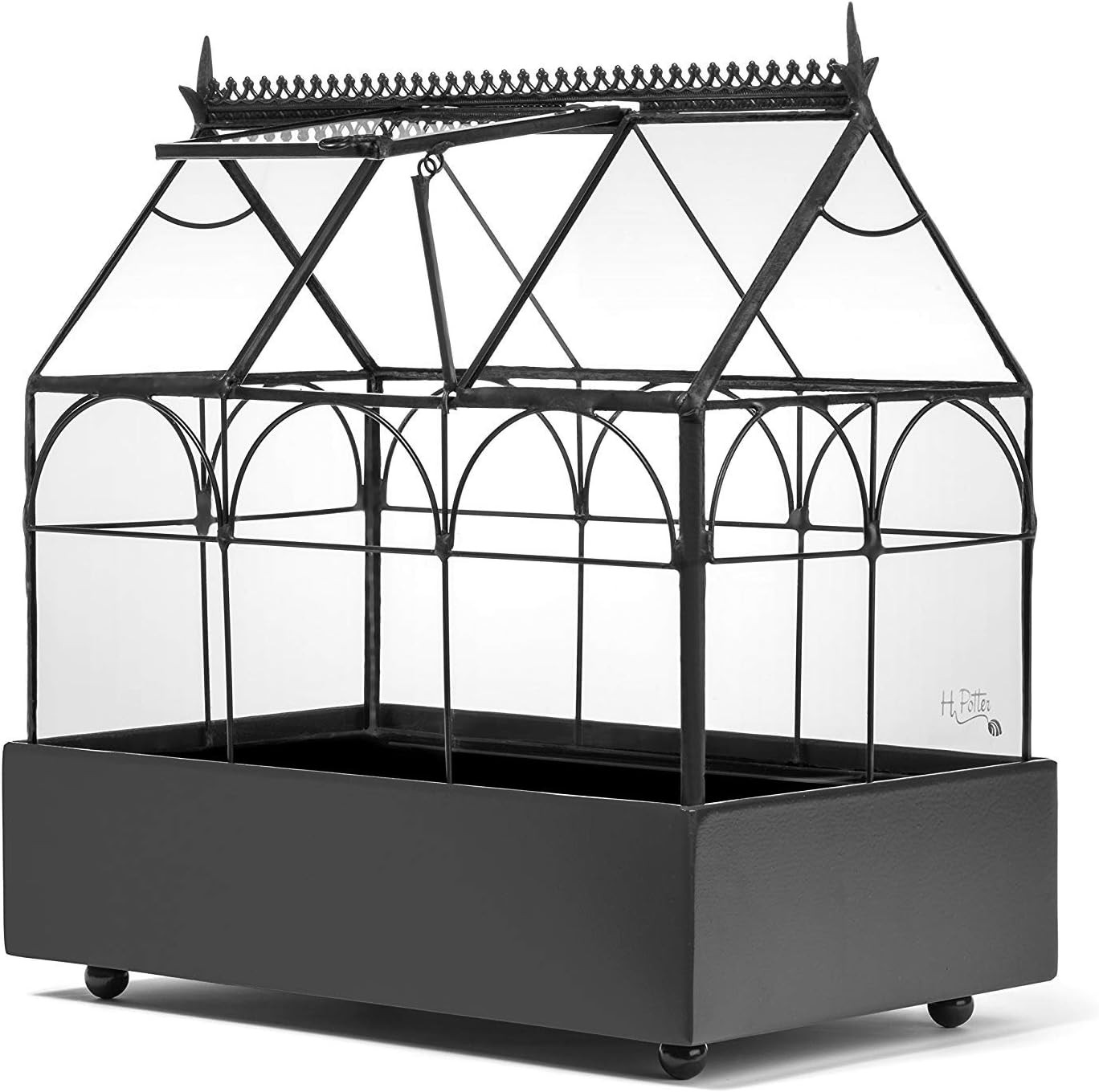 H Potter Glass Terrarium Wardian Case Hinged Roof Metal Base 10.5″ Tall