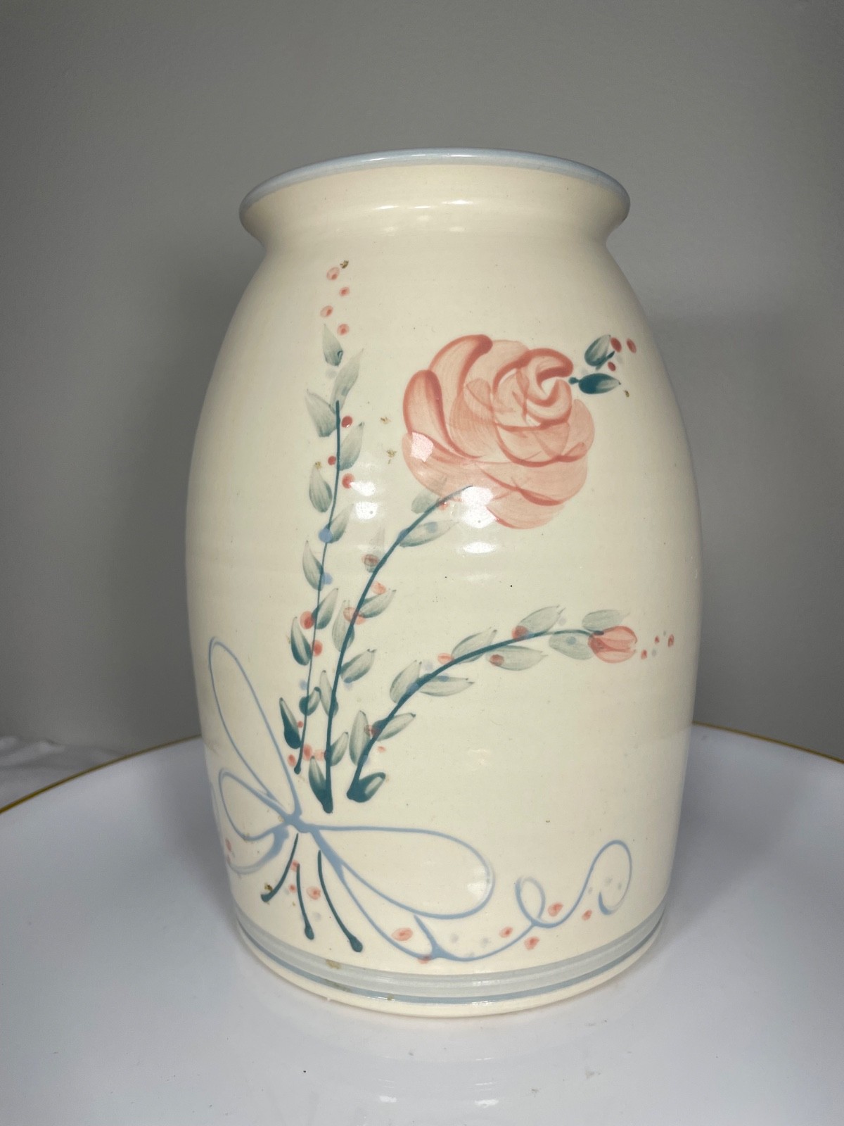 Olde Cape Cod Stoneware Pottery Vase Raised Pastel Floral Bouquet Ribbon Signed