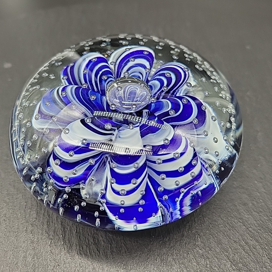Glass Paperweight – Blue + White Design with Lots of Small Bubbles 3.5″ 1lb 8oz