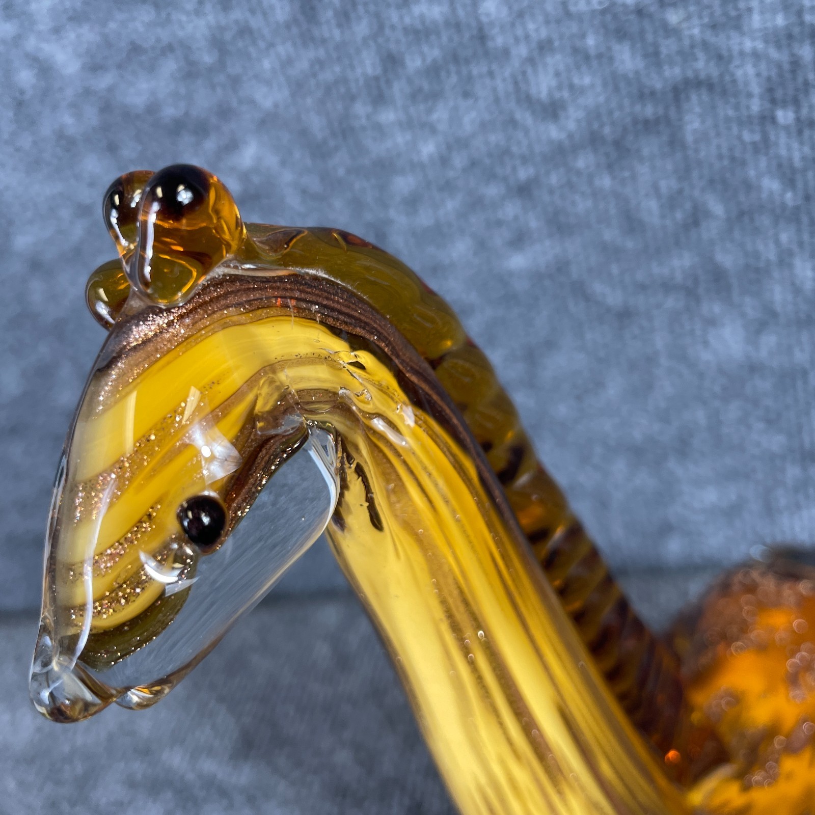 Vintage 70s Murano Style Glass Amber Gold Aventurine Giraffe Figurine Italy 9″