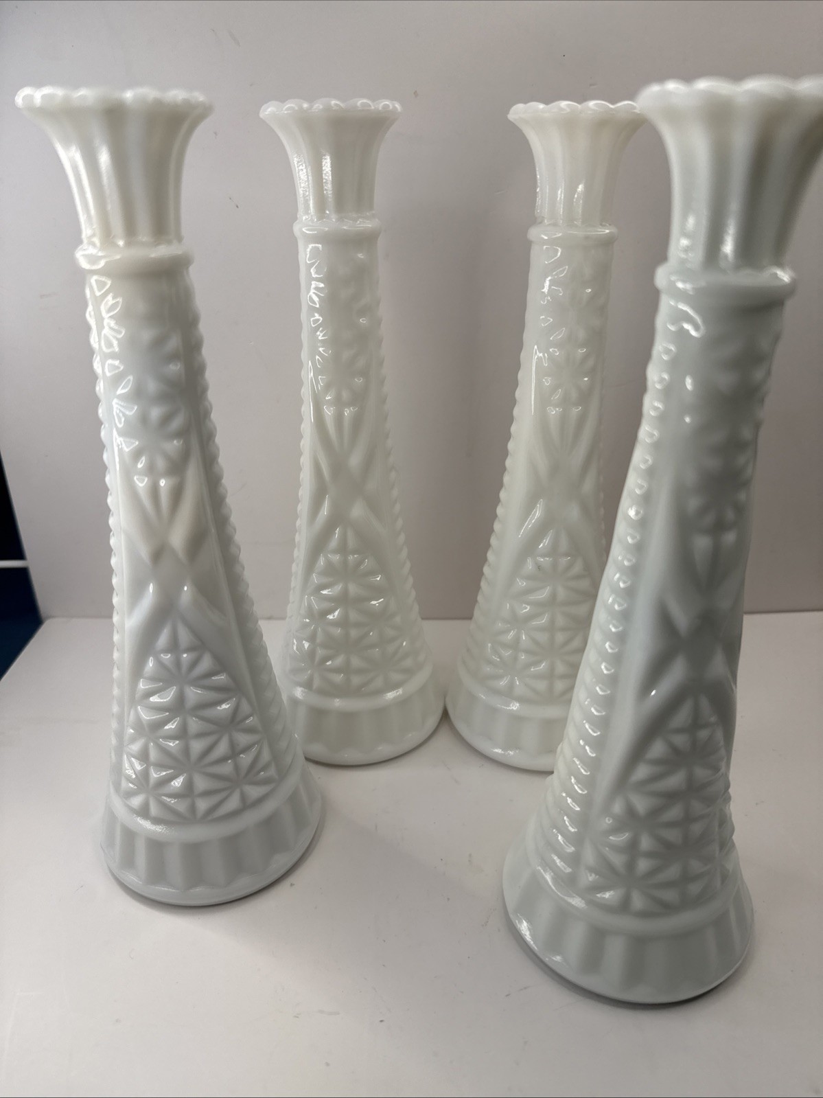 Lot of 4 Vintage Milk Glass Vases 9″ Anchor Hocking Stars & Bars Hoosier Wedding