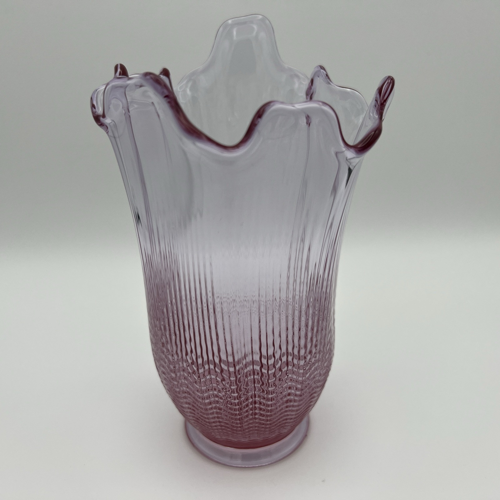 Vintage Fluted Ribbed Swung Top Ruffled Pink Art Glass Vase 6” 1996-1998