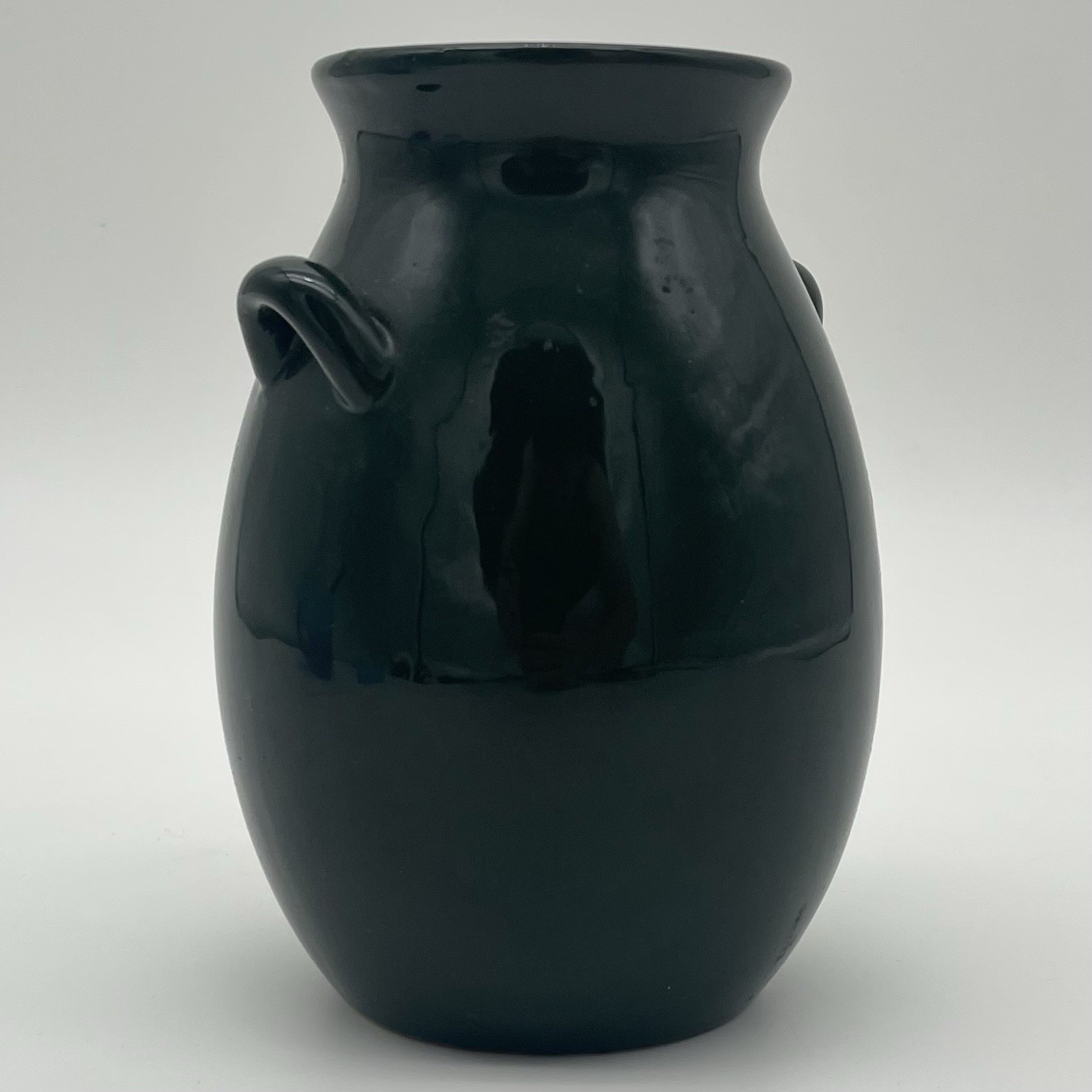 Vintage Dark Green Art Pottery Vase with Decorative Handles
