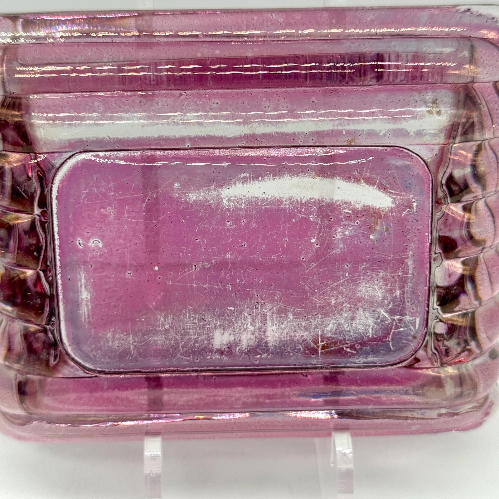 Vintage Ashtray Trinket Rectangular Glass Dish Pinkish Purple Color Ribbed Sides