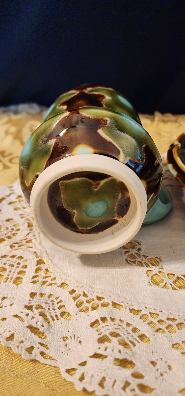 Studio Pottery By Ceramist Artist Thad A Drip Glaze Blue Green Brown Mug/Saucer