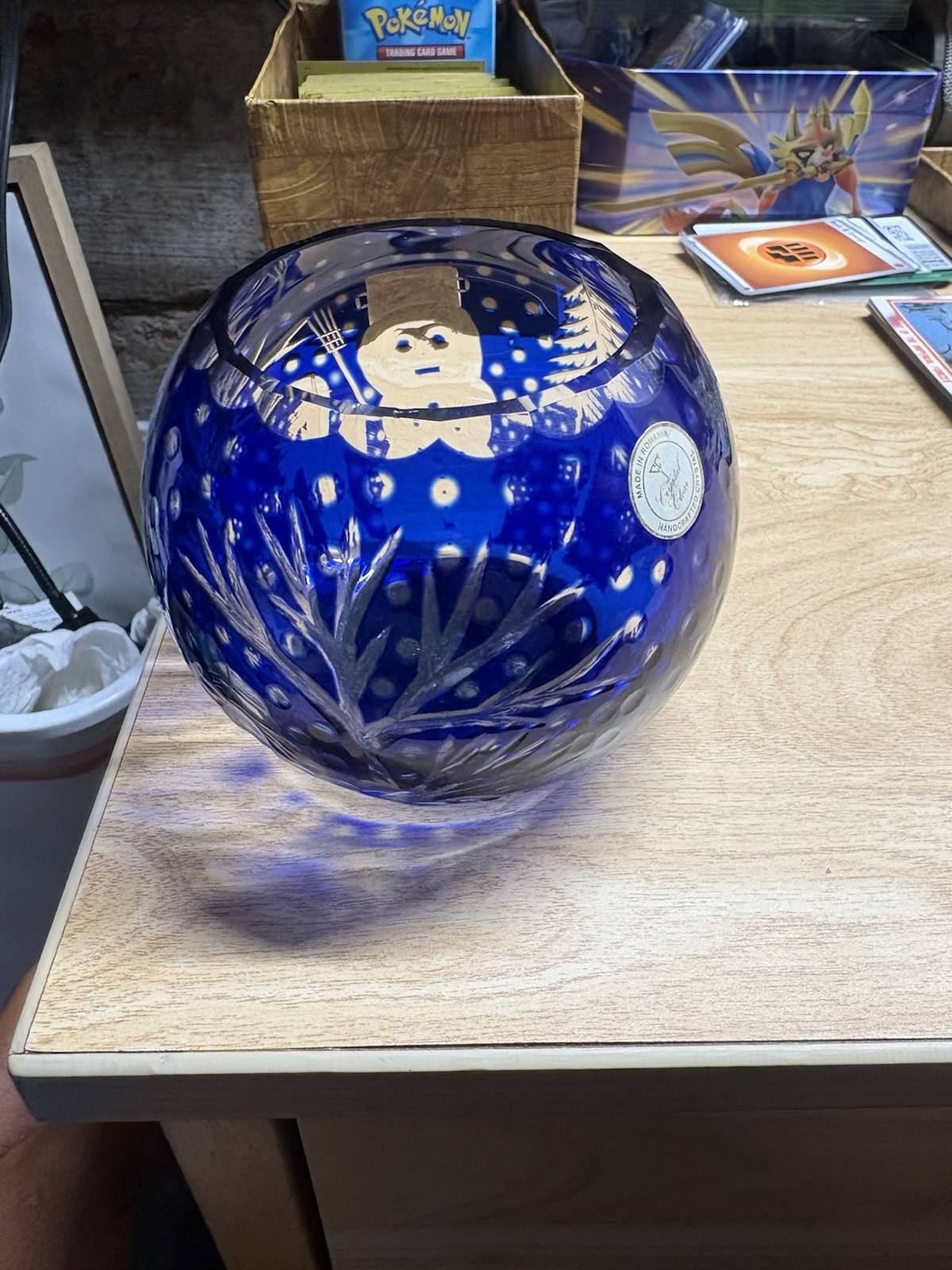 Handmade Blue/Clear Crystal Cut Glass Snowman Vase, Decorative Romania