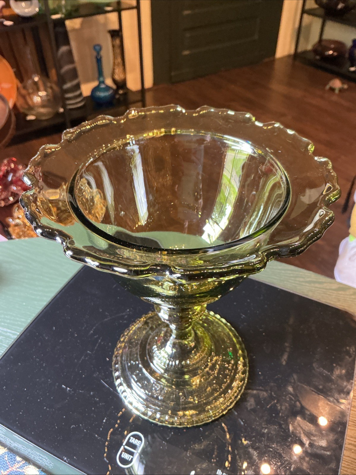 Vintage MCM 11.75” Olive Green Glass Lidded Compote (Empoli?)