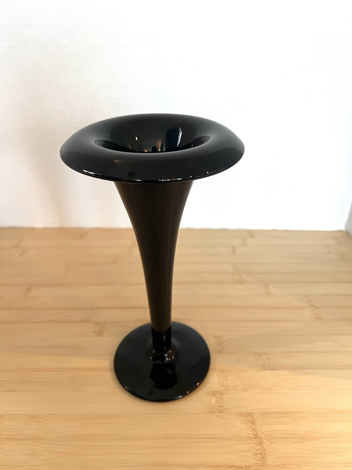 Vintage Black Amethyst Trumpet Vase Art Deco Ebony Rolled Rim Elegant Glass 9”