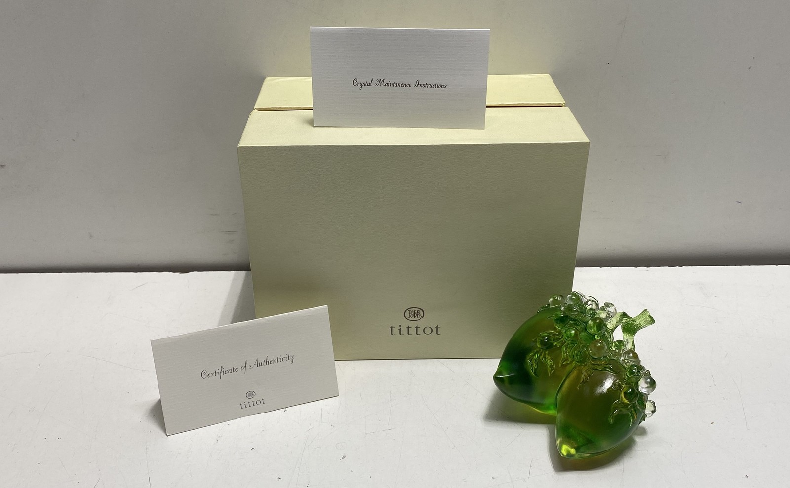 tittot Crystal Sculpture Peaches and Plums Art Glass Green Dated 2002 Box COA