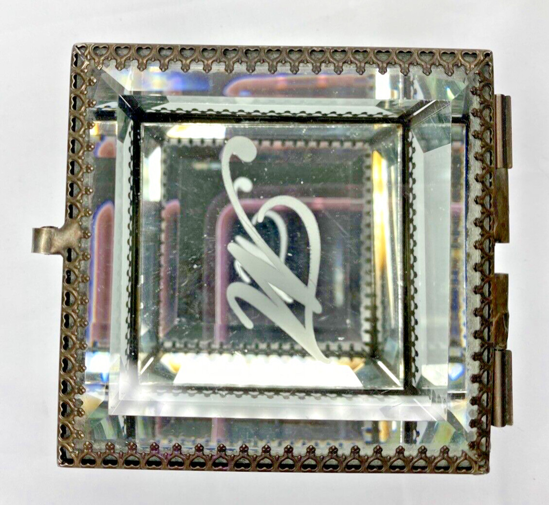Nicole Miller Antiqued Brass Ormolu Beveled Glass Footed Jewelry Box