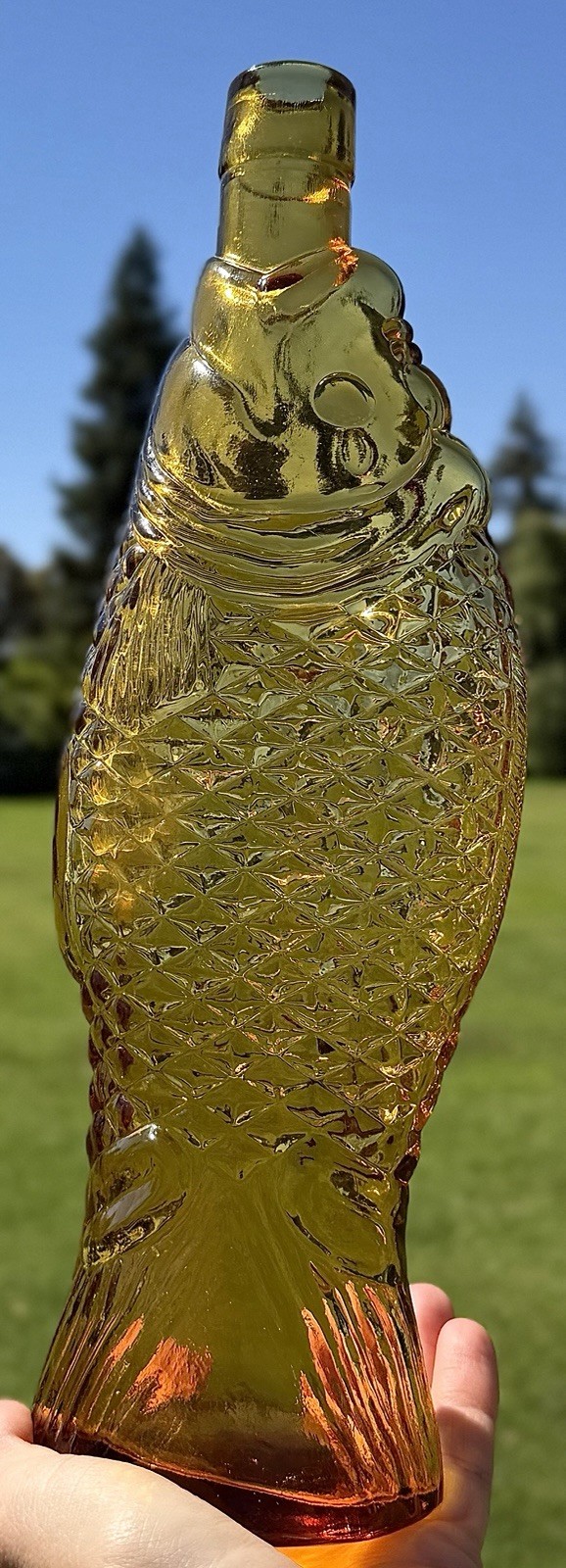 Vintage Amber Fish Glass Bottle Decanter Vase Nautical Barware Decor 12 in