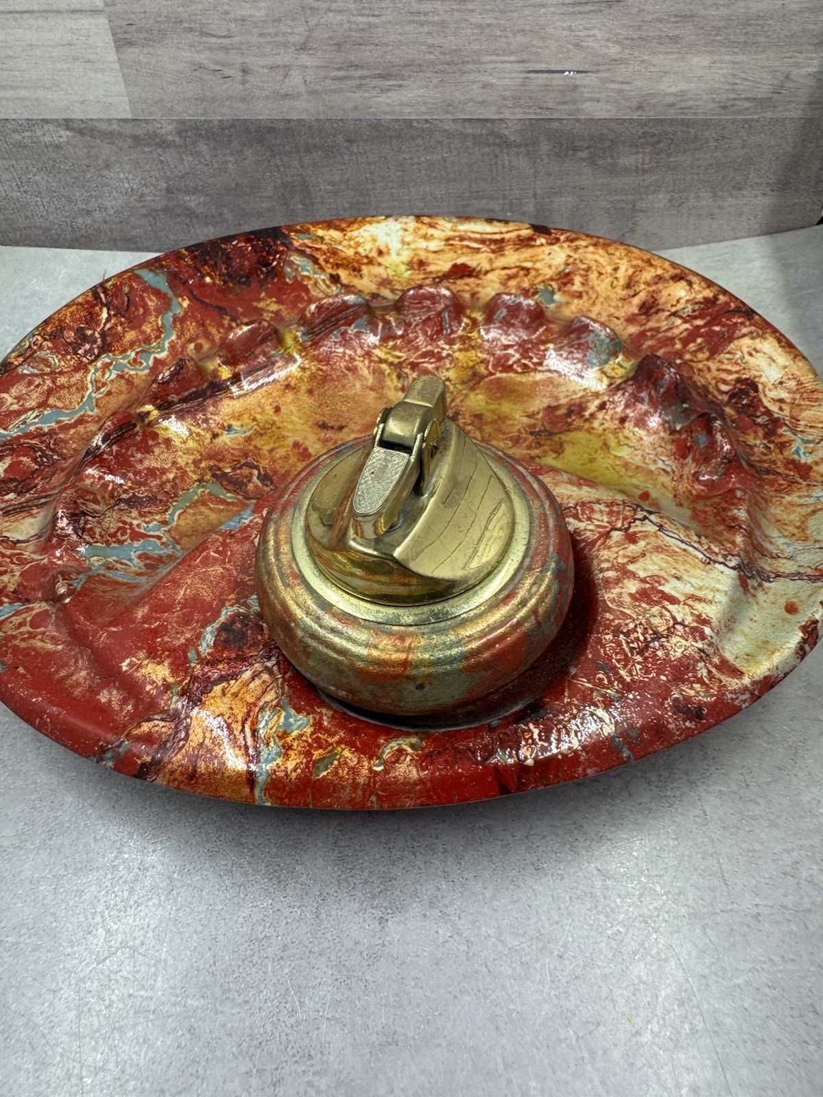 Vintage California USA Original Pottery Ashtray w/ Lighter Red Orange Gold Glaze