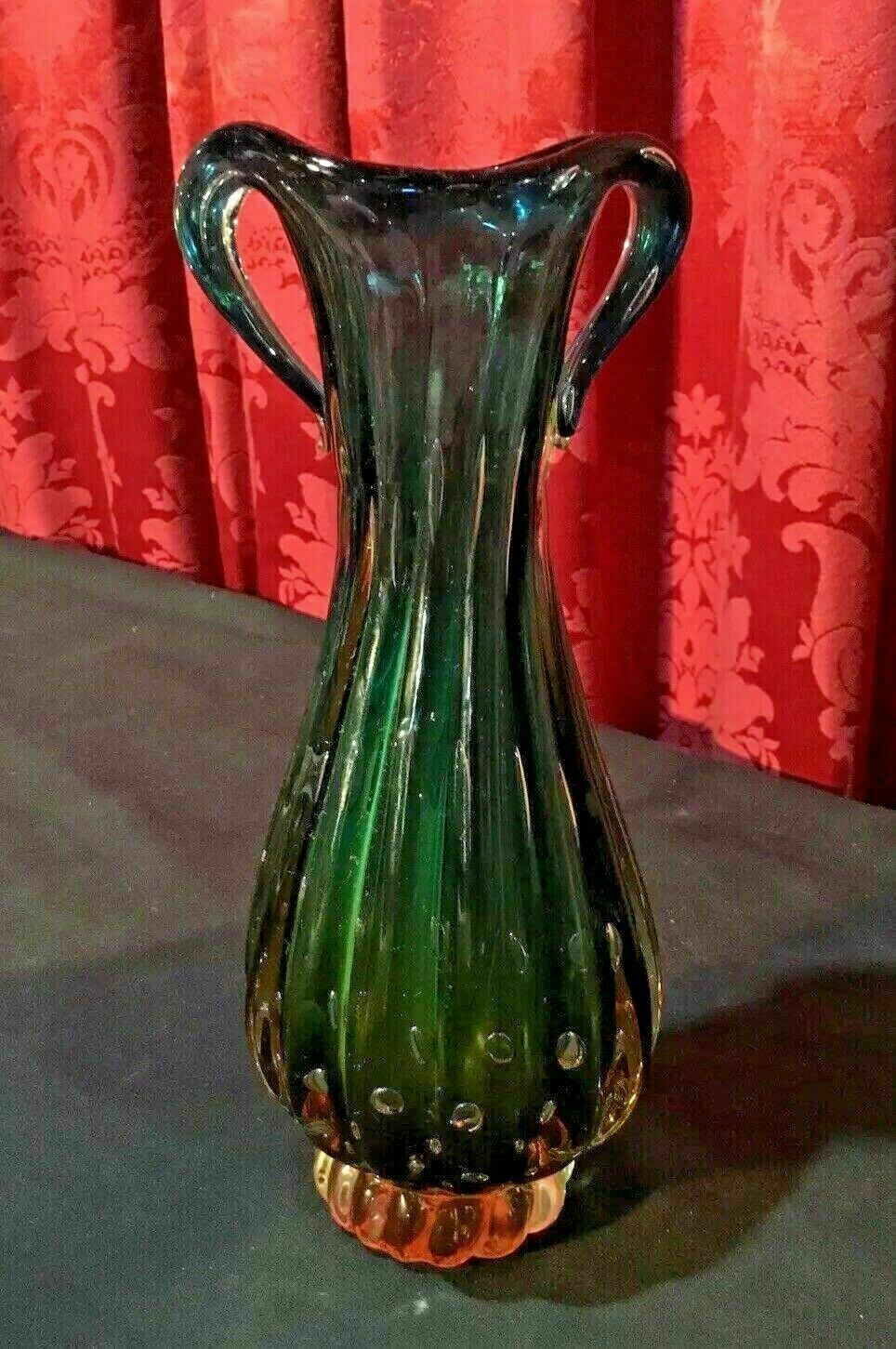 VINTAGE MURANO STYLE 9″ ART GLASS HANDLED VASE WITH CONTROL BUBBLES